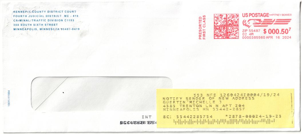 Same envelope with Probate/Mental Health label peeled, Criminal/Traffic Division revealed underneath