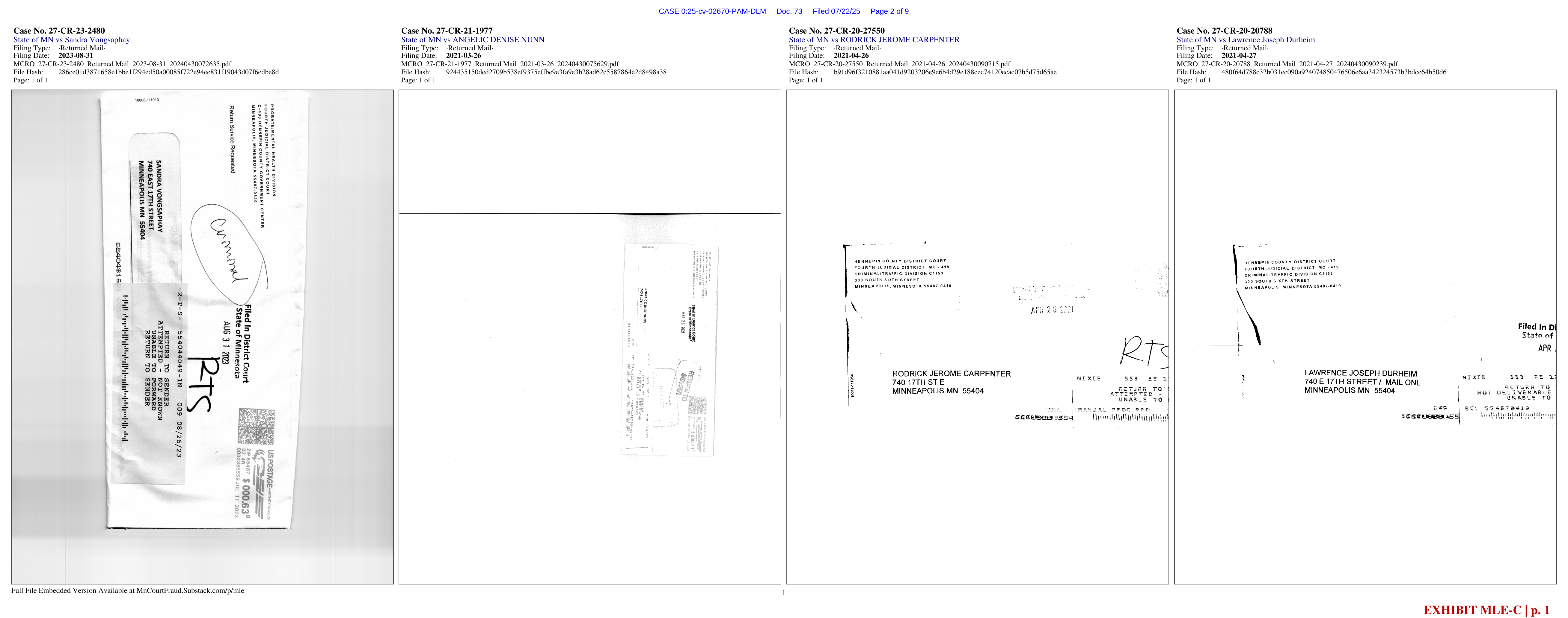 Four returned-mail envelopes recycling the 740 E 17th Street address — click to enlarge