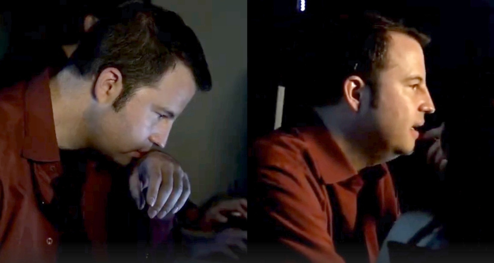 Debevec side-by-side composite — two frames from a single video, wardrobe matched