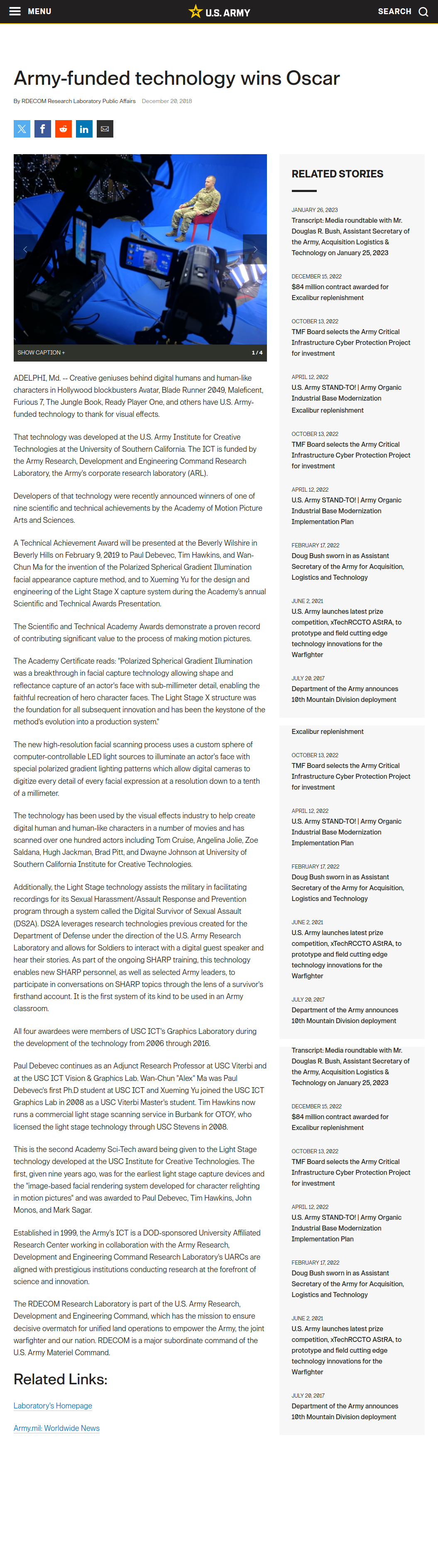 Army.mil 'Army-Funded Technology Wins Oscar' — full page
