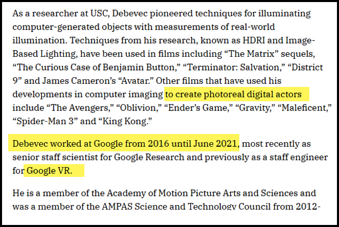 Debevec worked at Google 2016–2021